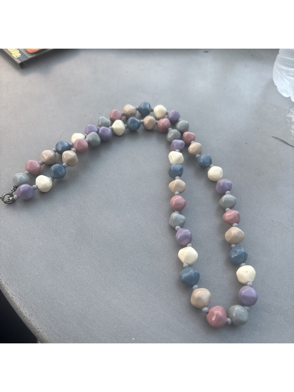 Vintage Multi Color Beaded Acrylic Choker Necklace 17 Inch Blue Purple Gray Pink